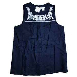 J Crew Navy Blue White Embroidered Tank Top Sz 00